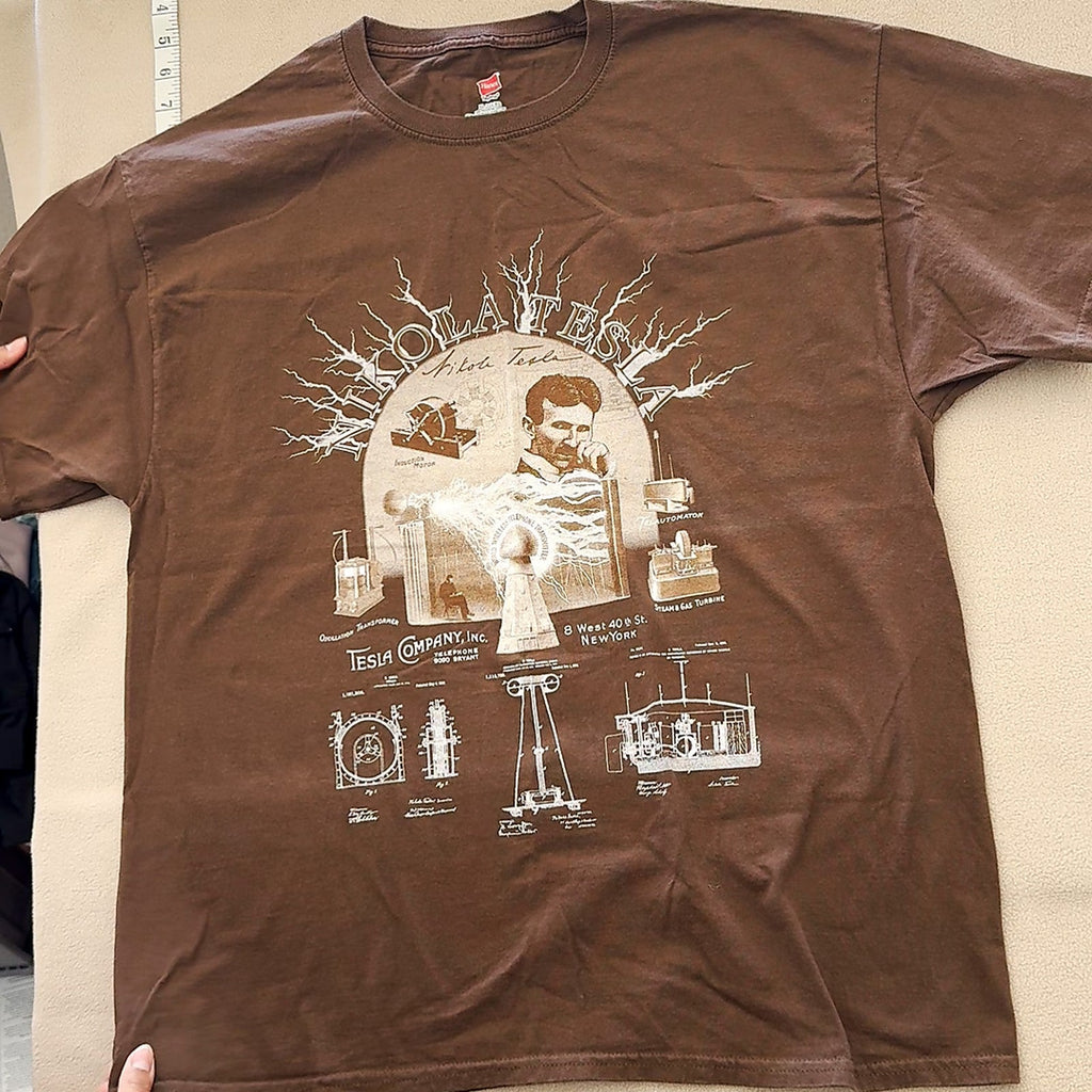 Nikola Tesla Graphic T-Shirt Science Inventions Brown Hanes Mens XL