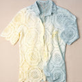 The Farra M/L Blue Yellow Gradient Crochet Lace Short Sleeve Button Up Shirt