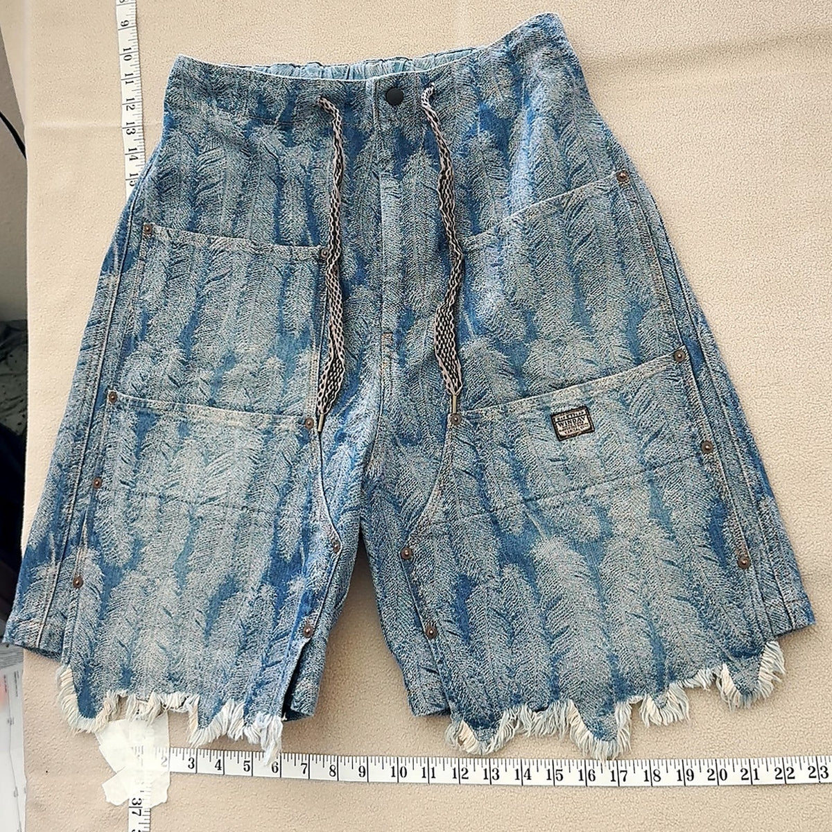 Kapital Indigo Feather Pattern Denim Shorts Size 4 Frayed Hem Made in Japan