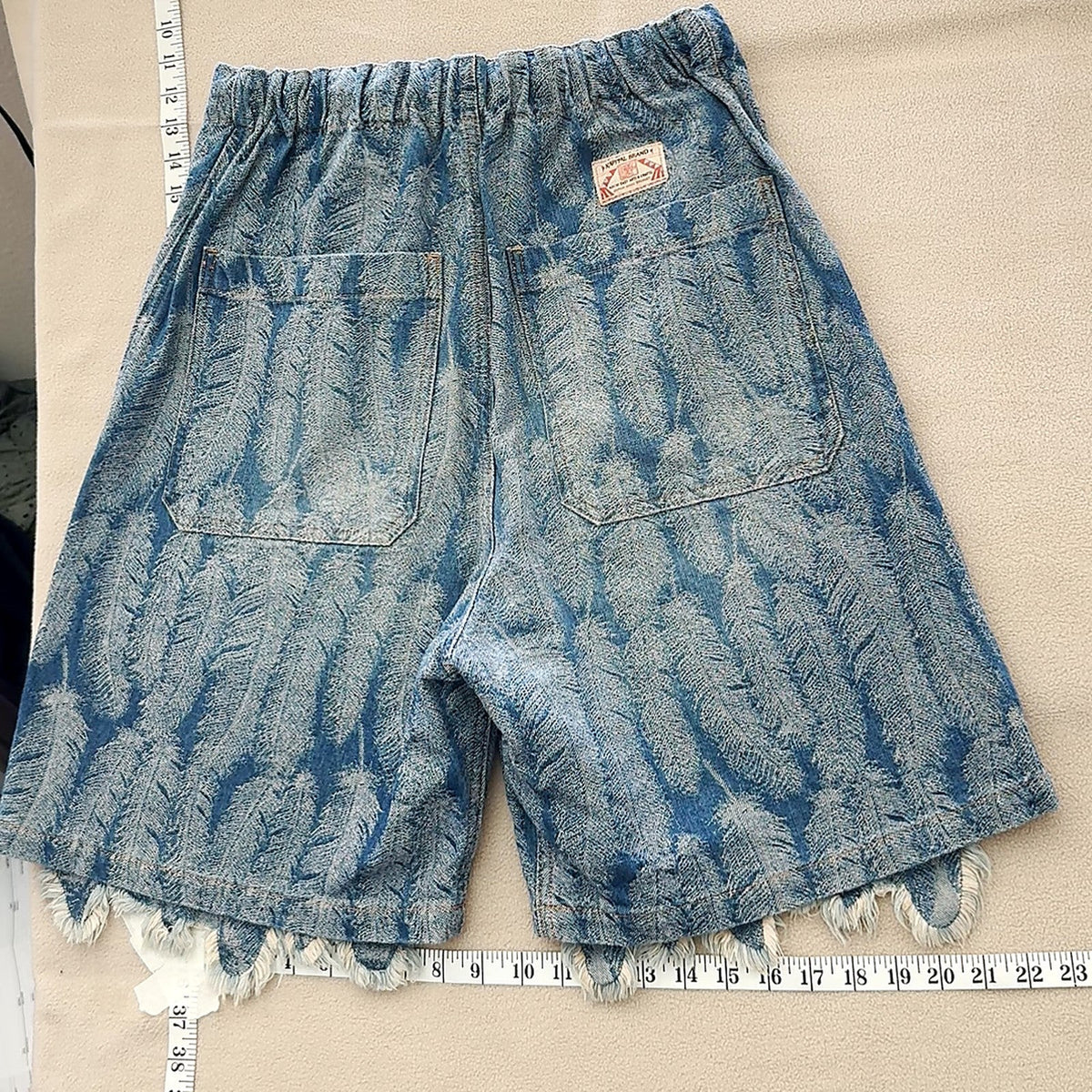 Kapital Indigo Feather Pattern Denim Shorts Size 4 Frayed Hem Made in Japan