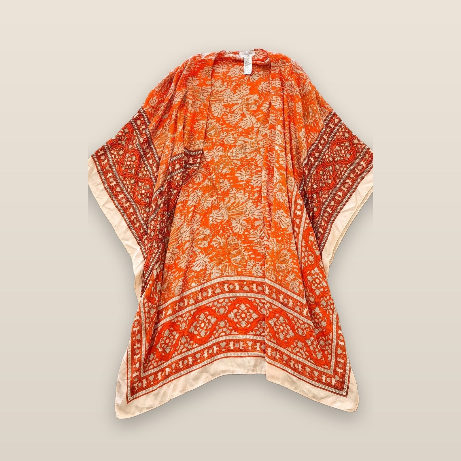Free People Orange Floral Medallion Print Open Front Kimono Cover Up OS