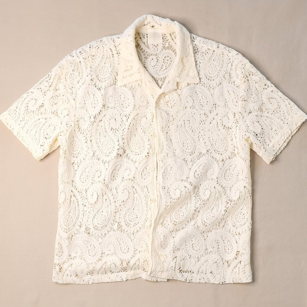 Nostalgia White Lace Paisley Button Up Short Sleeve Shirt Top Size L