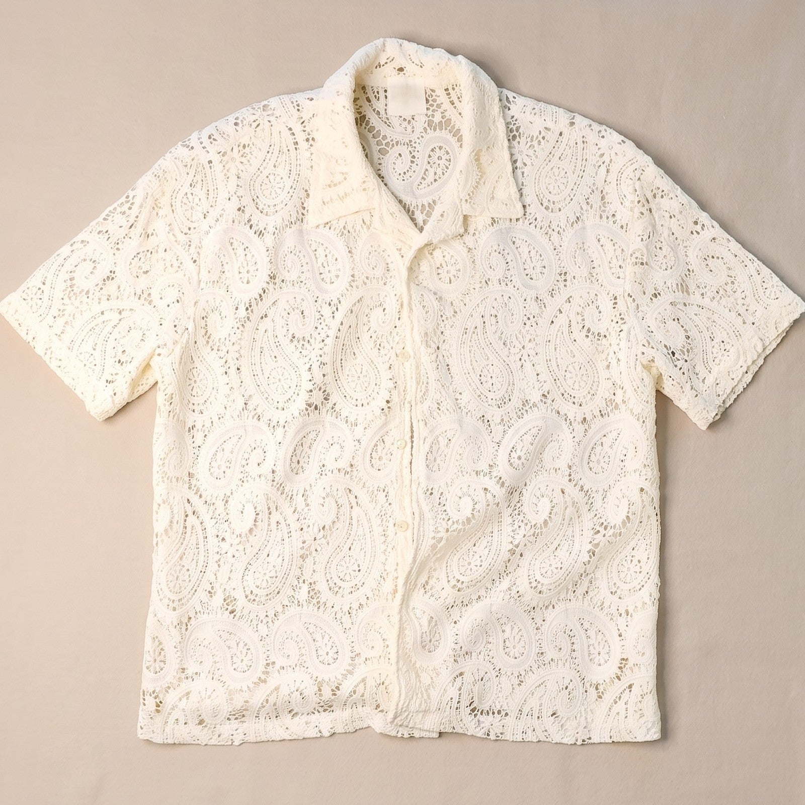 Nostalgia White Lace Paisley Button Up Short Sleeve Shirt Top Size L