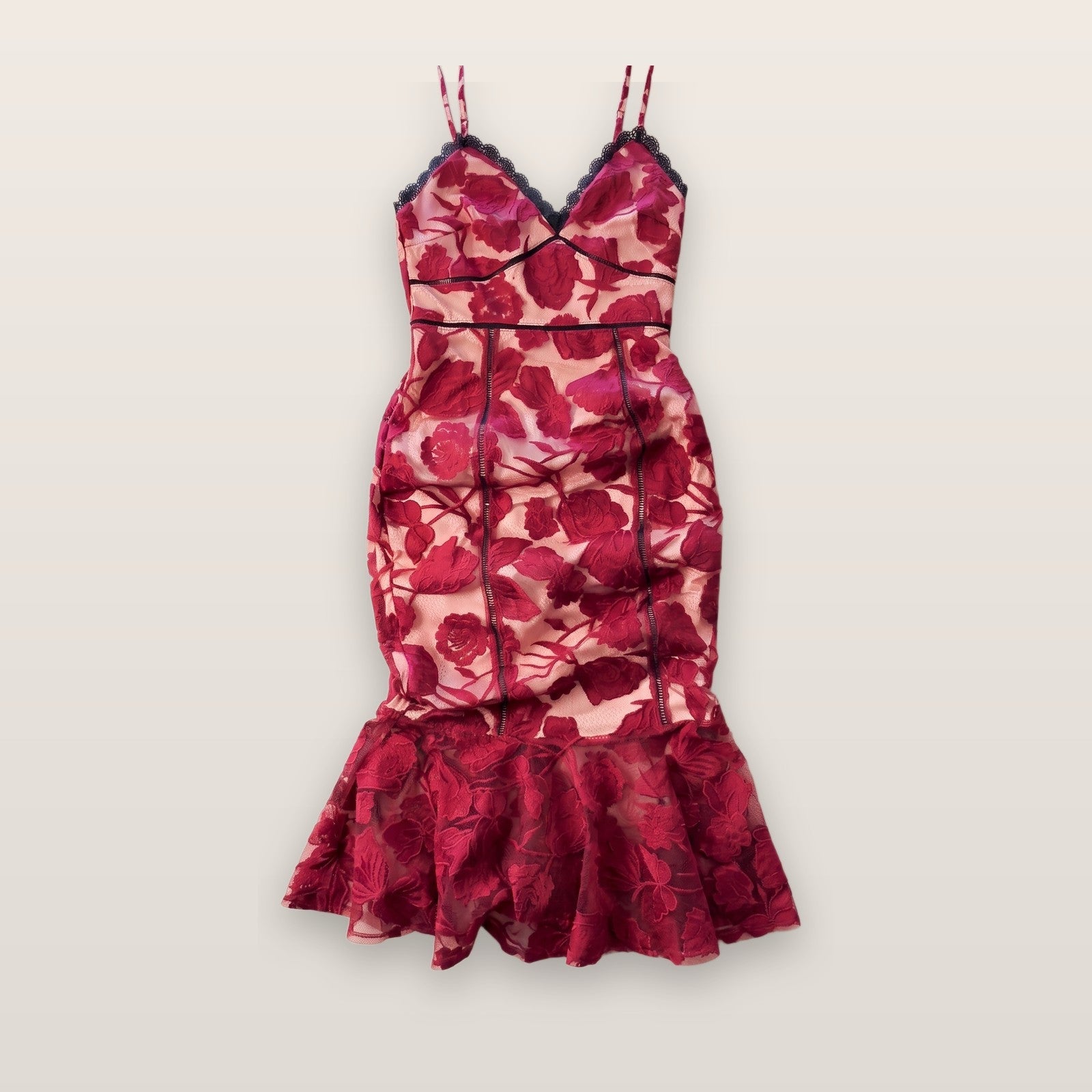 Lulus Women's Burgundy Floral Lace Overlay Midi Dress Size S Small