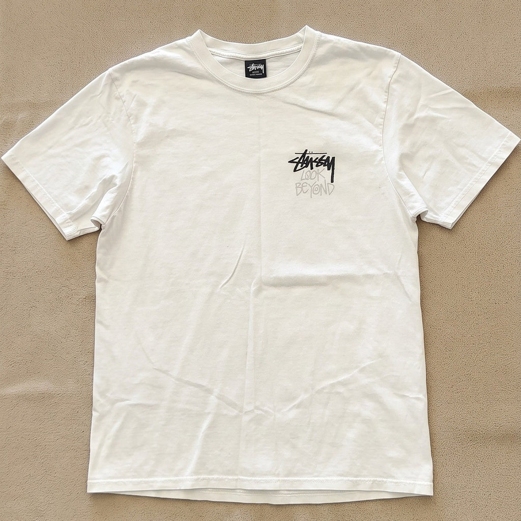 Stussy White T-Shirt Medium Sun Planet SS Link Back Graphic Logo Tee