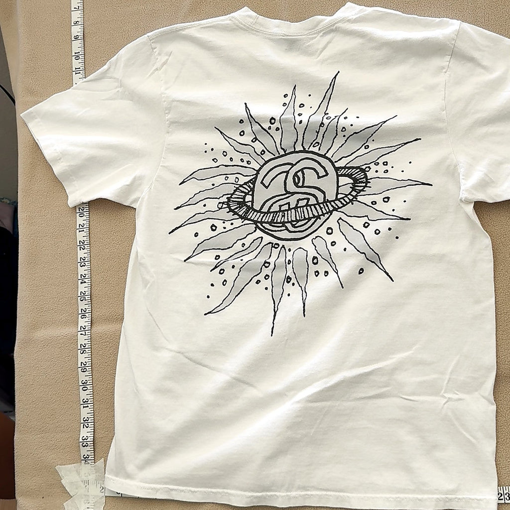 Stussy White T-Shirt Medium Sun Planet SS Link Back Graphic Logo Tee