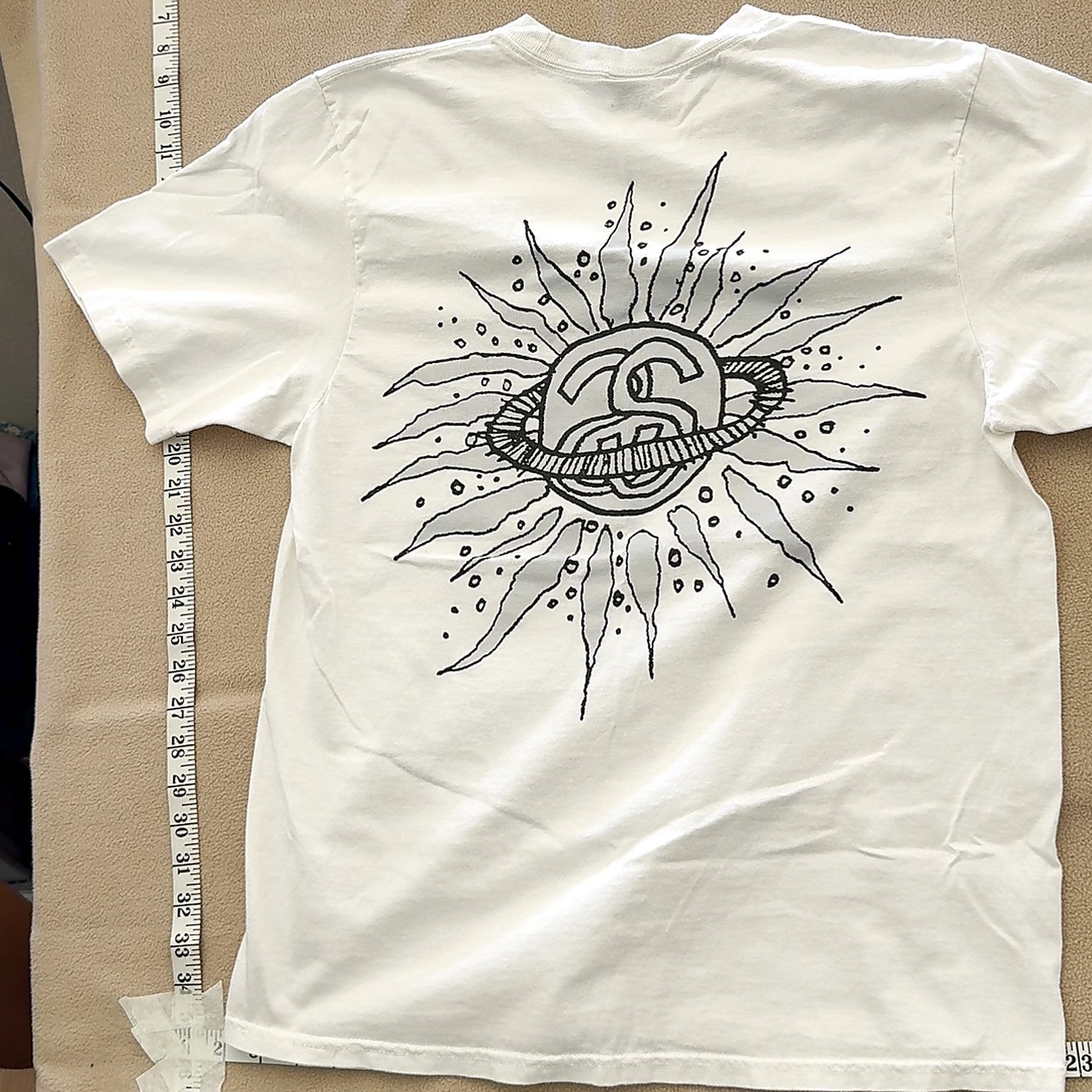Stussy White T-Shirt Medium Sun Planet SS Link Back Graphic Logo Tee
