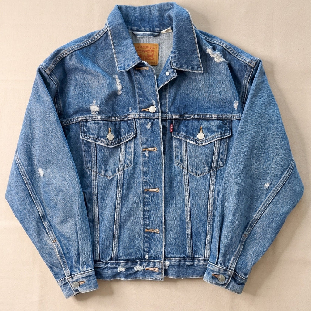 Levi's Premium Denim Trucker Jacket Distressed Blue Medium