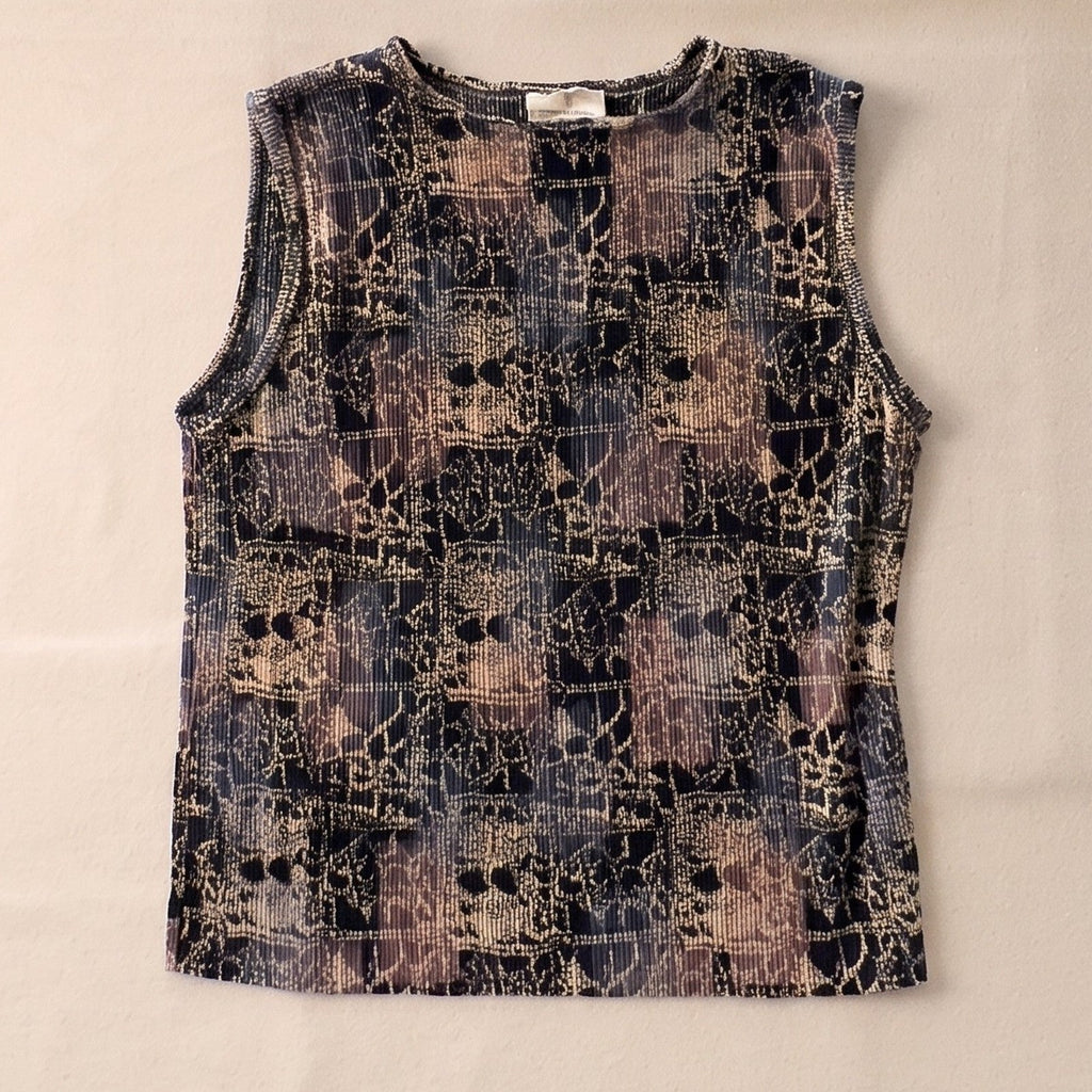 Vintage Plisse Womens Medium Black Gold Abstract Sleeveless Crinkle Tank Top