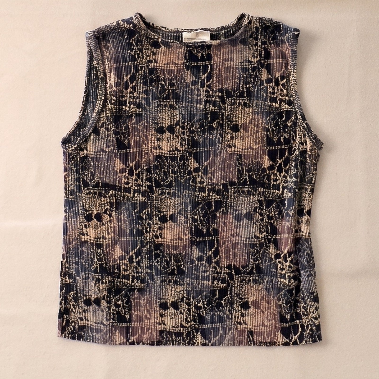 Vintage Plisse Womens Medium Black Gold Abstract Sleeveless Crinkle Tank Top