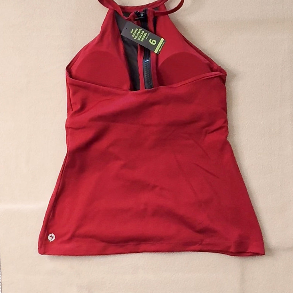 Red High Neck Zip Back Activewear Tank Top Built In Bra Womens 6 NWT