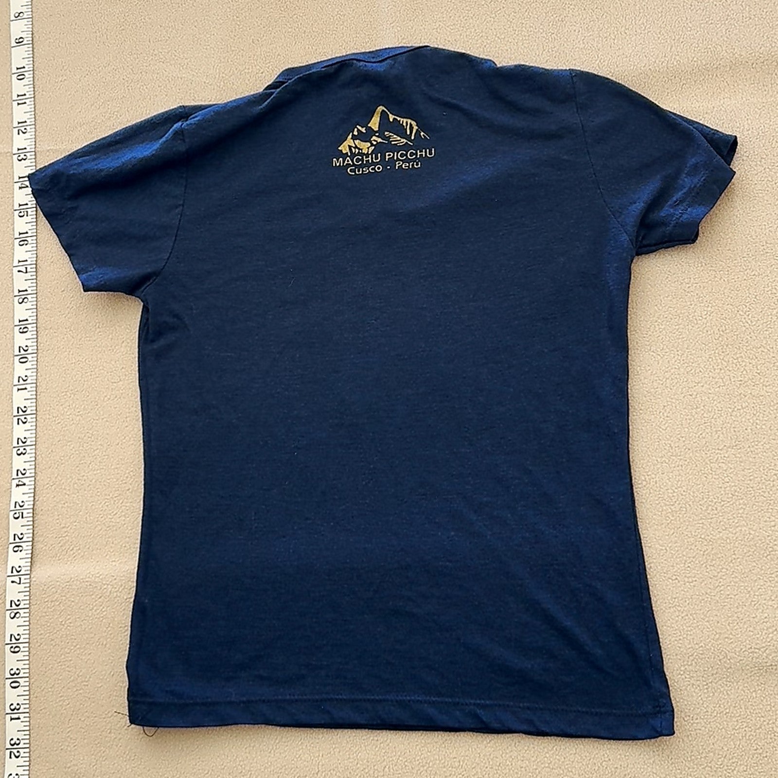 Peru Machu Picchu Graphic T-Shirt Navy Blue V-Neck 100% Cotton Women's Size M