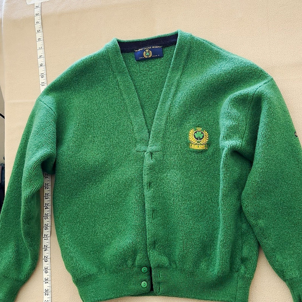 Blarney Castle Designs Green Cardigan Sweater Shamrock Crest Made In Ireland L
