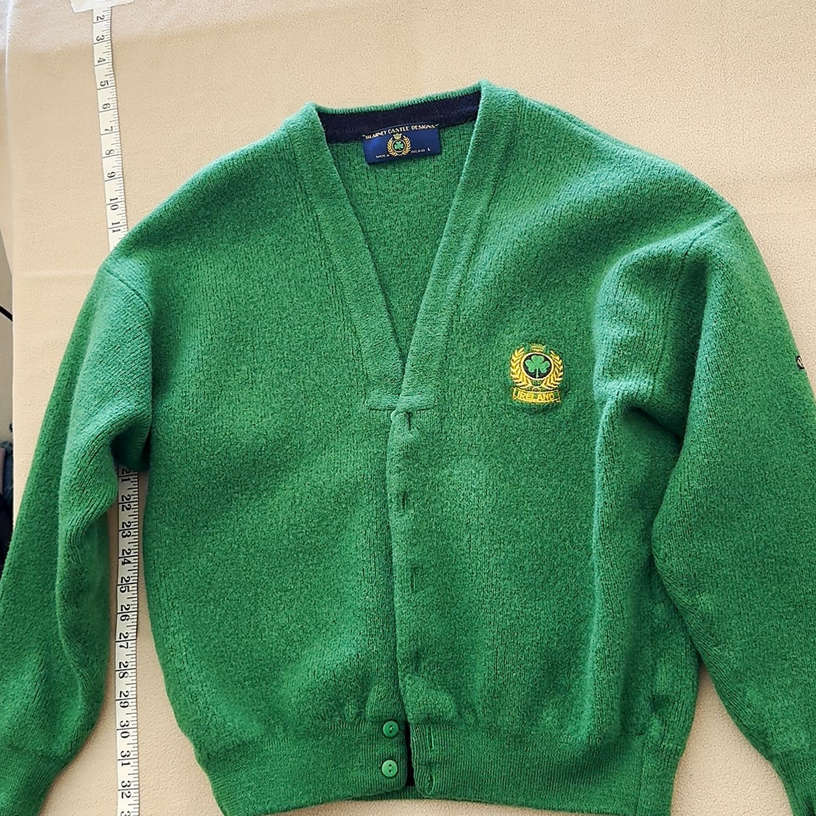 Blarney Castle Designs Green Cardigan Sweater Shamrock Crest Made In Ireland L