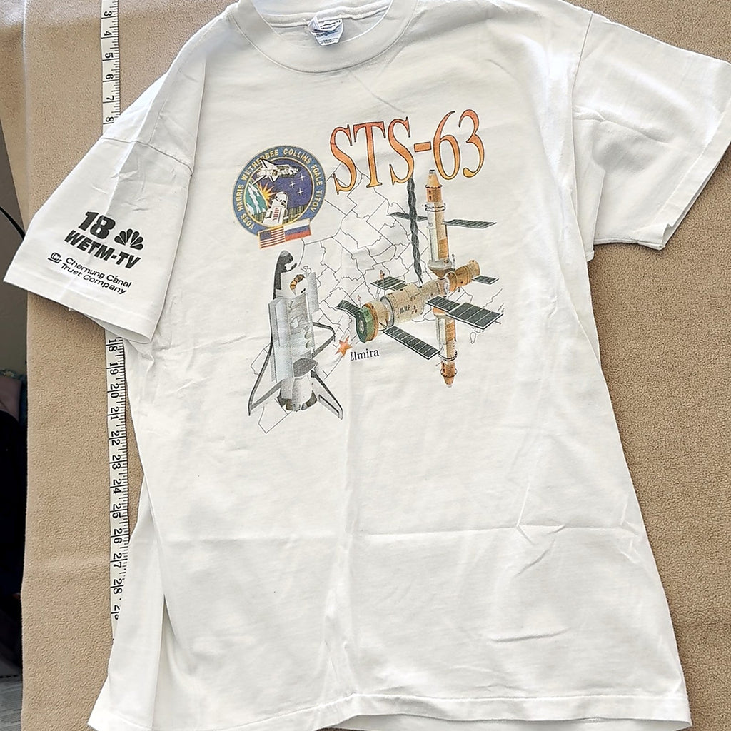 Vintage STS-63 Space Shuttle T-Shirt WETM-TV Graphic Tee White Space Memorabilia