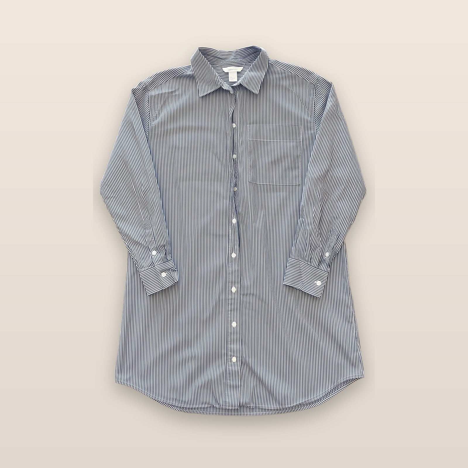 H&M Mama Maternity Long Sleeve Button Down Shirt Tunic Blue White Striped M