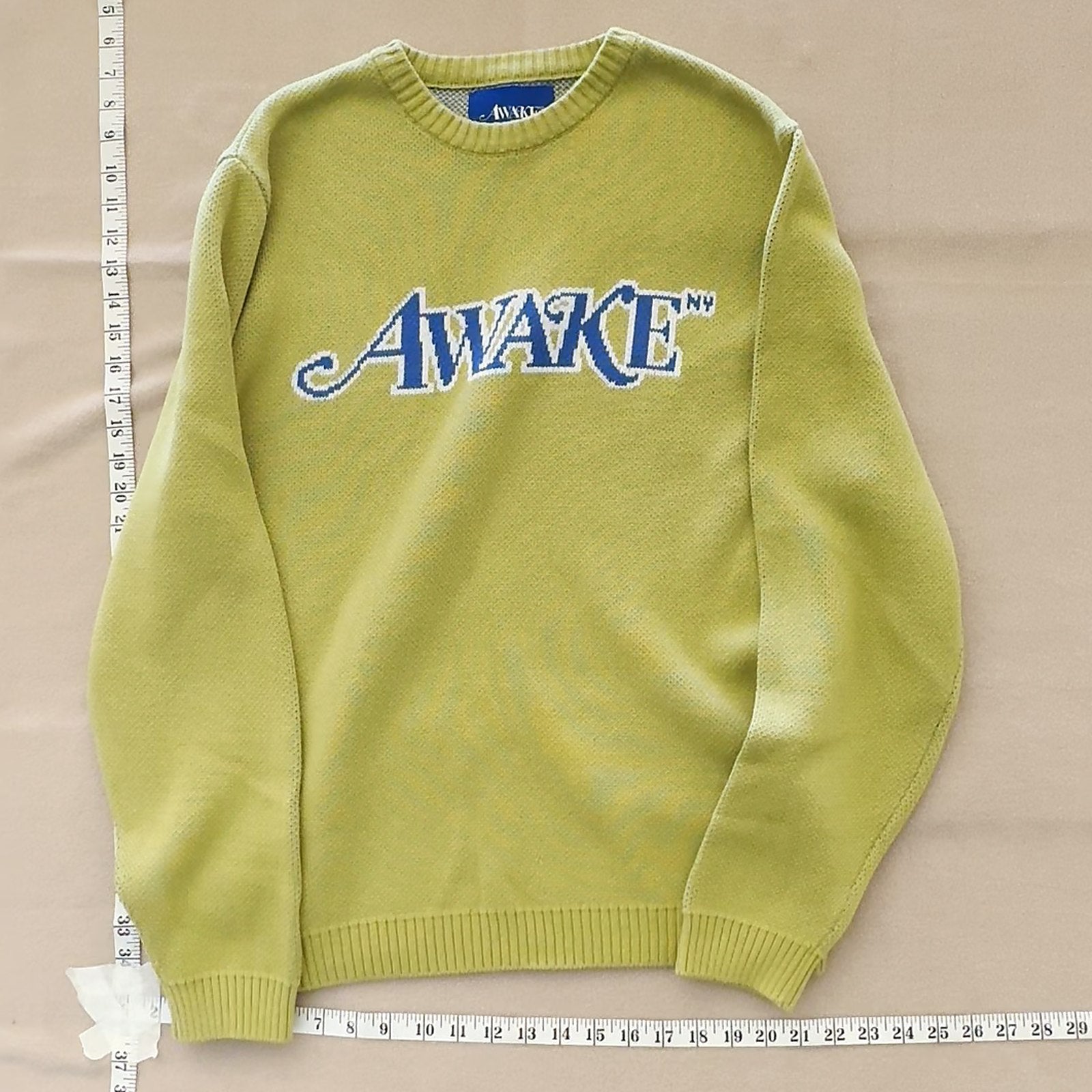 Awake NY Men's Yellow Green Knit Sweater Pullover Logo Spellout