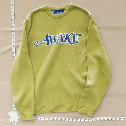 Awake NY Men's Yellow Green Knit Sweater Pullover Logo Spellout