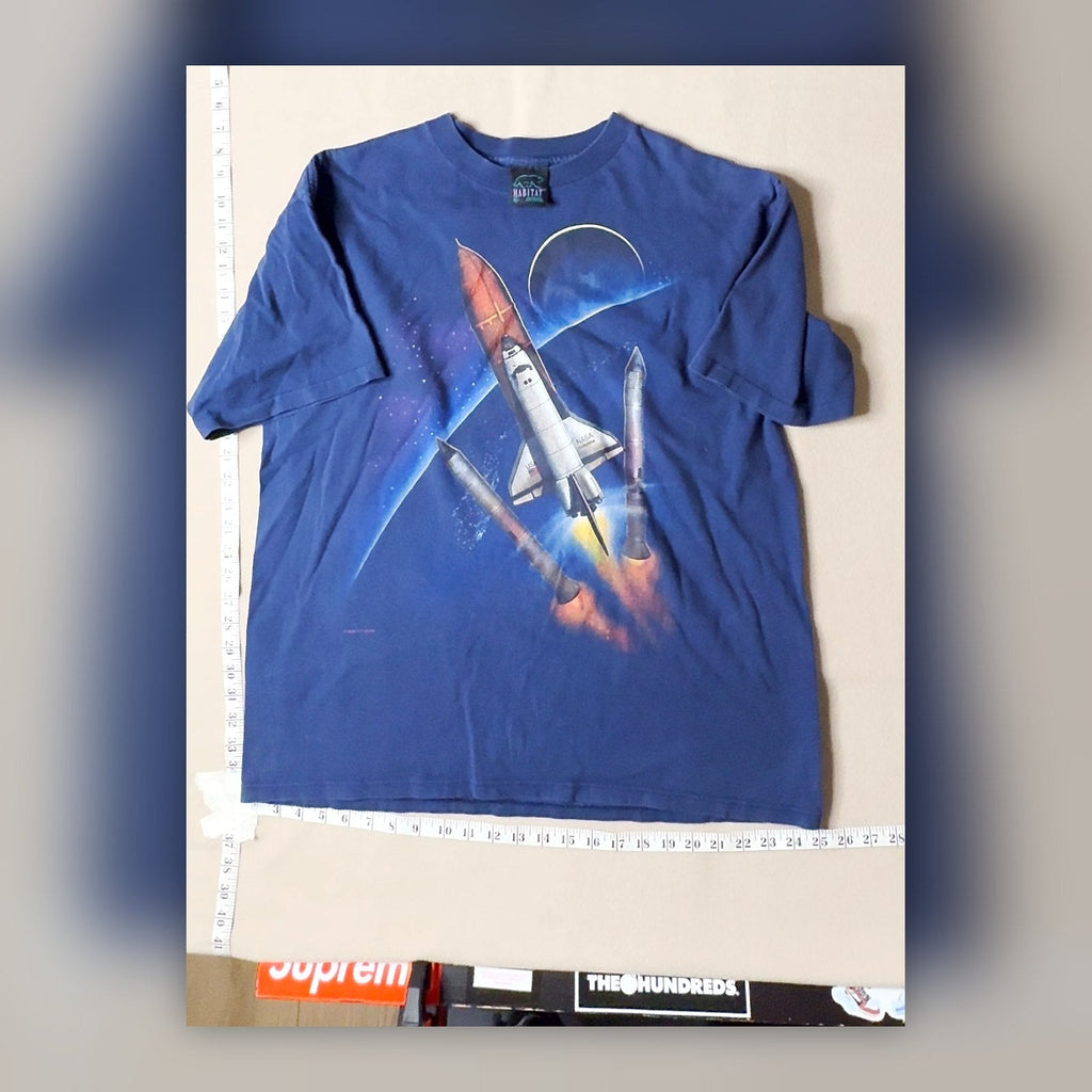 Habitat Space Shuttle Rocket Earth Graphic T-Shirt Navy Blue Size XL