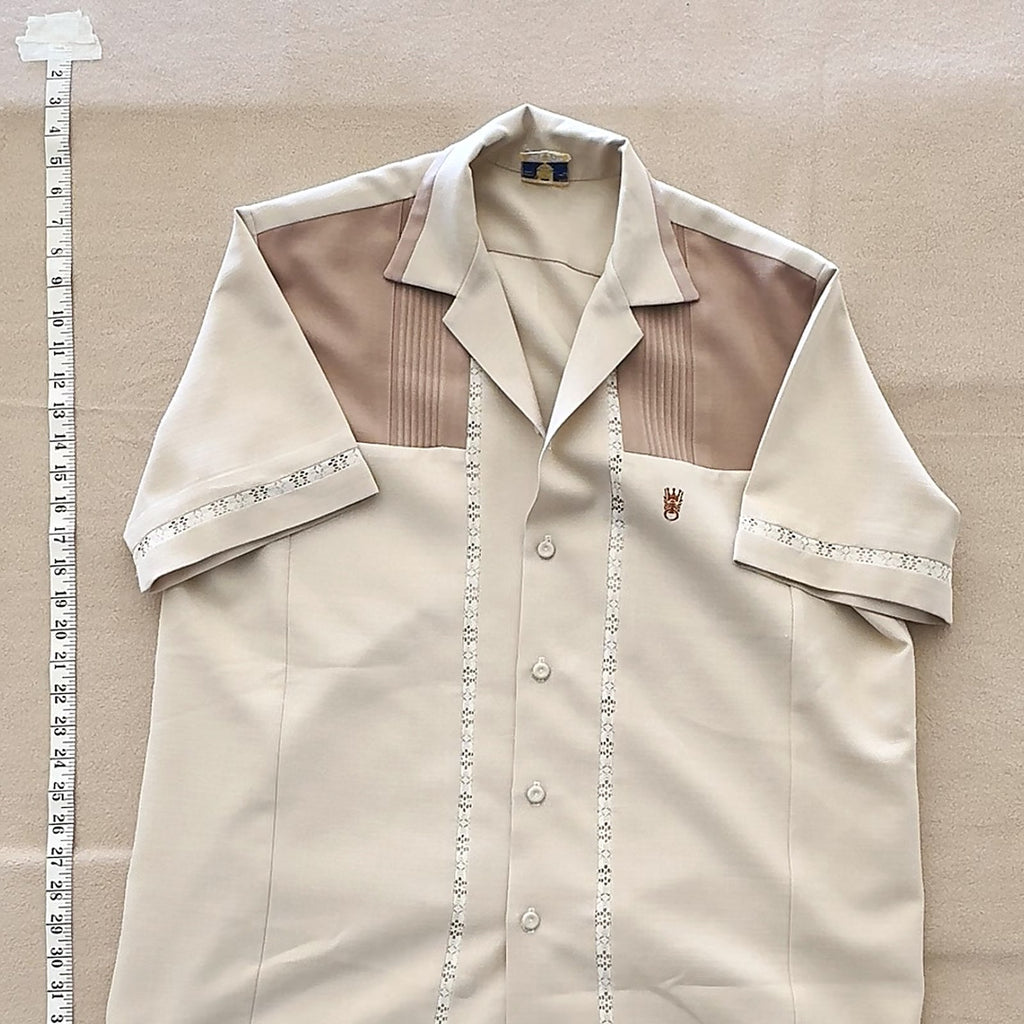 Men's Retro Style Guayabera Camp Shirt Beige Brown Embroidered Short Sleeve