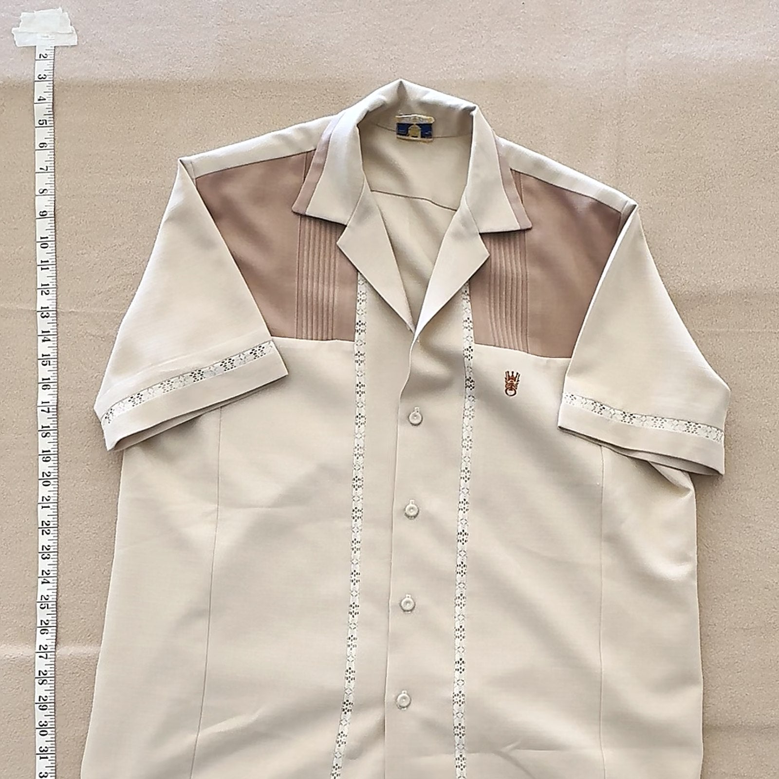 Men's Retro Style Guayabera Camp Shirt Beige Brown Embroidered Short Sleeve